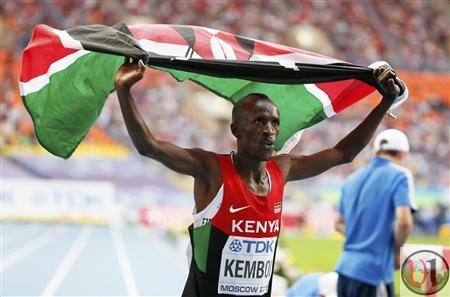 Kemboi of Kenya celebrates his victory in the men's 3000 metres steeplechase final of the IAAF World Athletics Championships at the Luzhniki Stadium in Moscow
